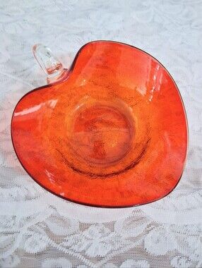 Vintage Viking Tangerine Leaf Heart Dish Candy Trinket Amberina MCM